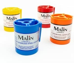 Color-coded cannisters of Malin's lock wire products | Stainless steel wire
